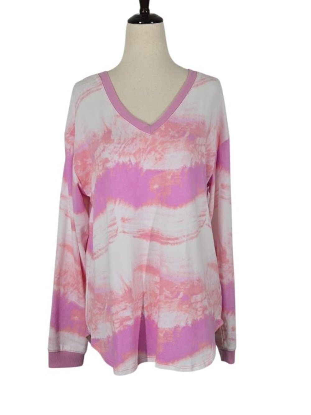 NORDSTROM Women's Pink Tie Dye Soft V Neck Long Sleeve Top Size Medium  EUC